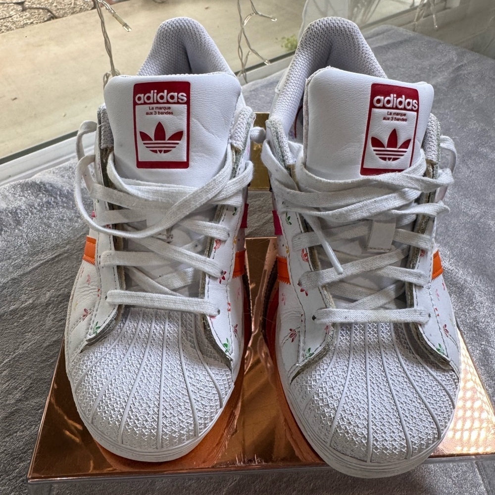 adidas Kids Sneakers White with Pink, Blue, and Orange Stripes - Picture 2 of 8